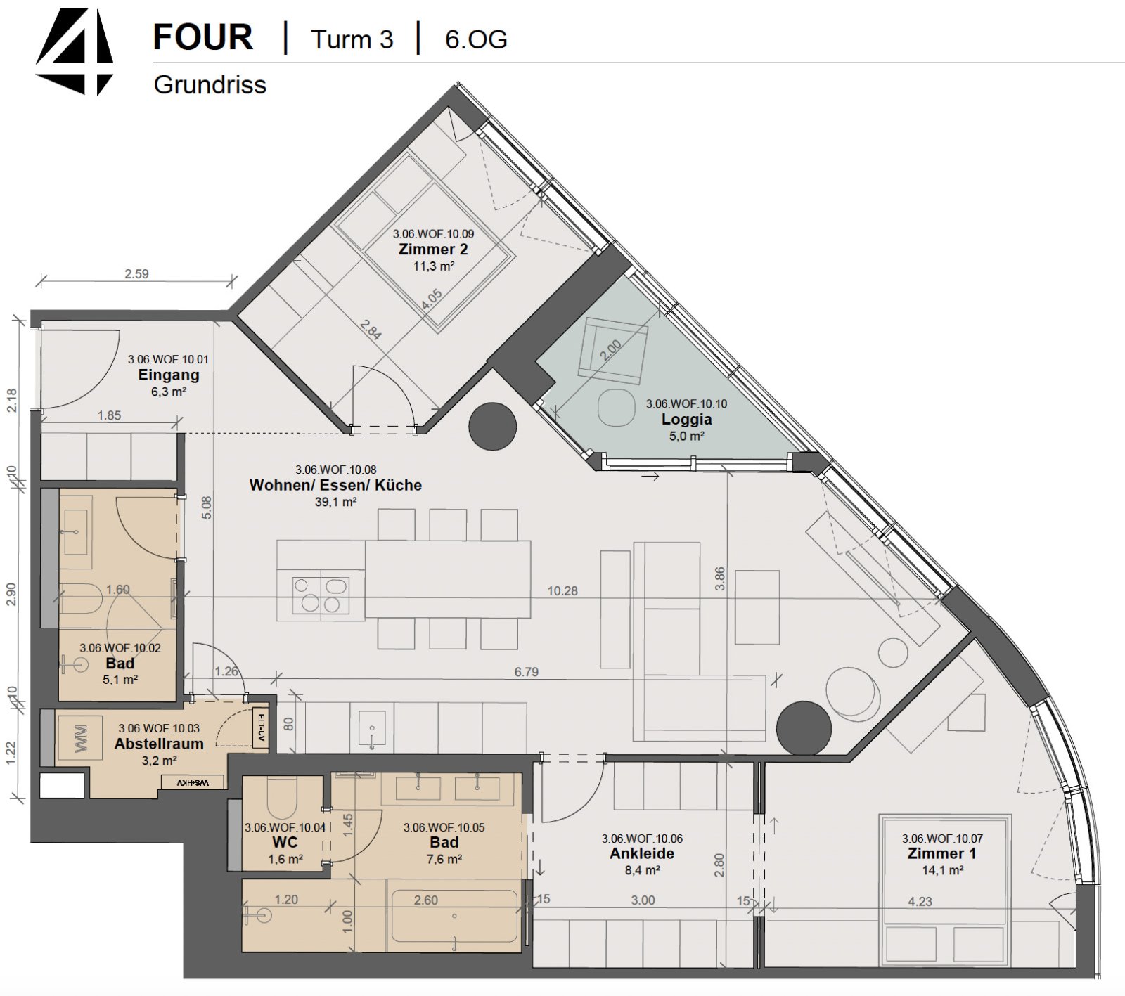 Stilvolle, erstklassig ausgestattete 3-Zimmer-Wohnung im exklusiven FOUR