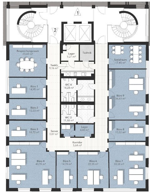 Moderne Büroflächen mit Skyline-Blick