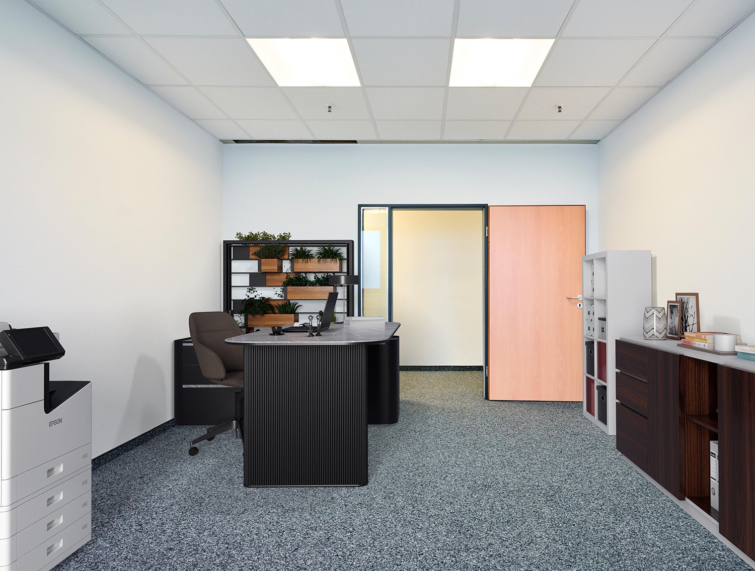 Büro mit Beispielmöbilierung