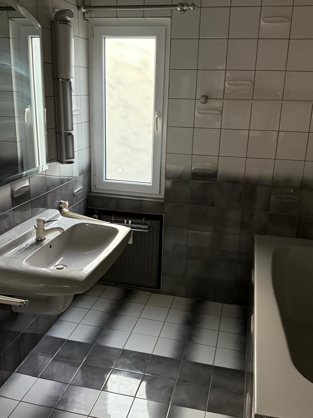 Brightly lit designer bathroom with practical window front and modern sanitary fittings Brightly lit designer bathroom with practical window front and modern sanitary fittings
