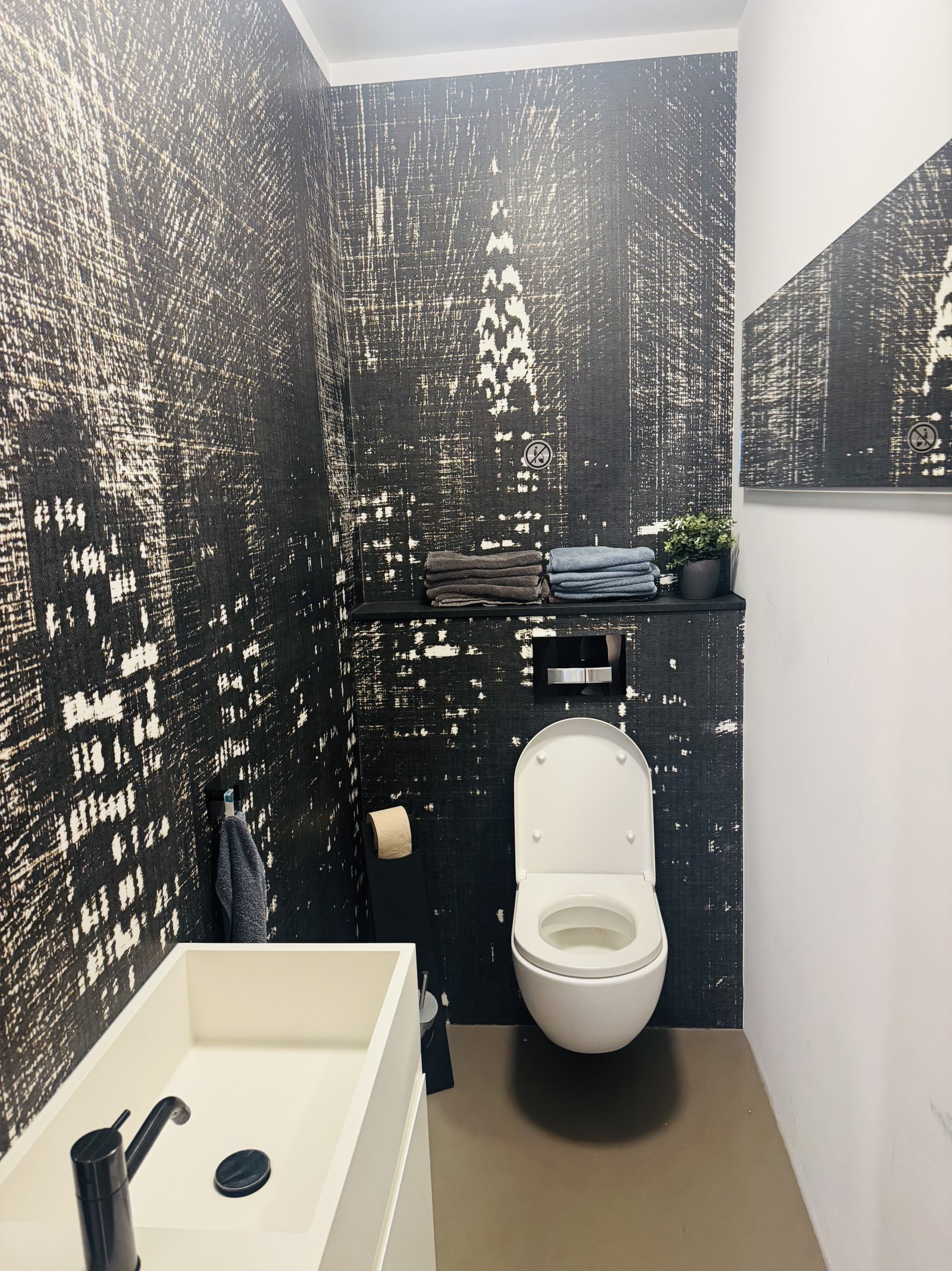 Elegant guest toilet with high-quality ceramic fittings and stylish wall design